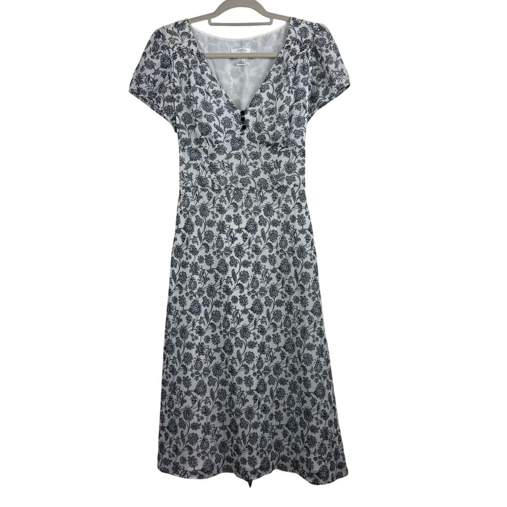 Loft Cottagecore White Blue Floral Midi Dress Size 8 Flutter Sleeve High Waist